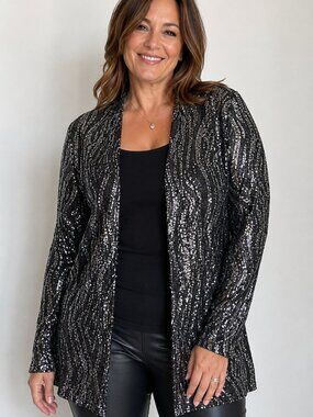 Mercer & Madison Black Silver Sequin Open Front Cardigan Women's Large Party Eve